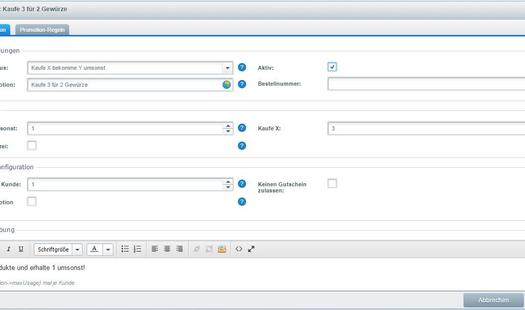 Advanced Promotion Suite 2 + 1 Aktion Backend