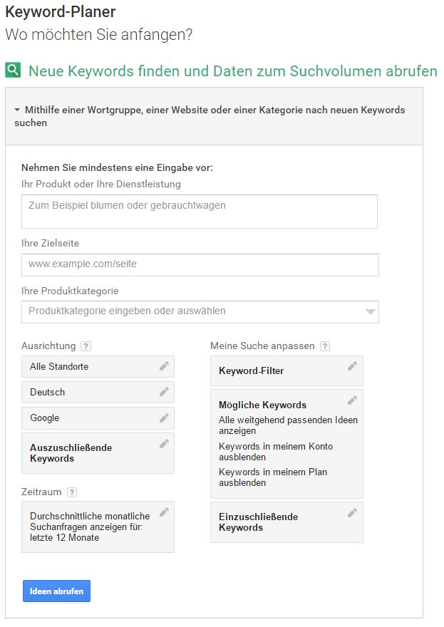 Keyword-Planer für die website Suchmaschinenoptimierung