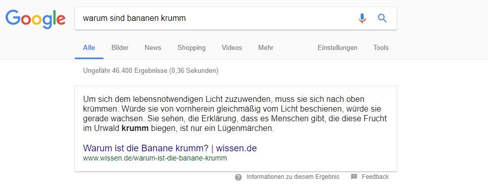 Featured Snippet im Text-Format bei der Suchanfrage "Warum sind Bananen krumm"