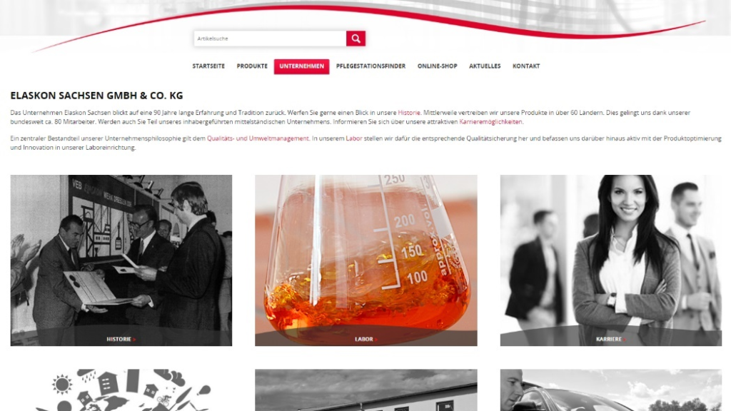 Screen neue Unternehmensseite unter www.elaskon.de/unternehmen