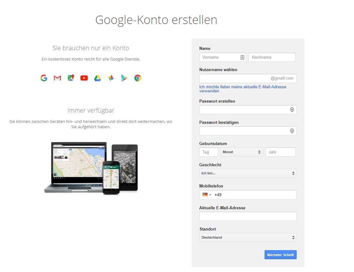 Google Konto erstellen für Google Data Studio
