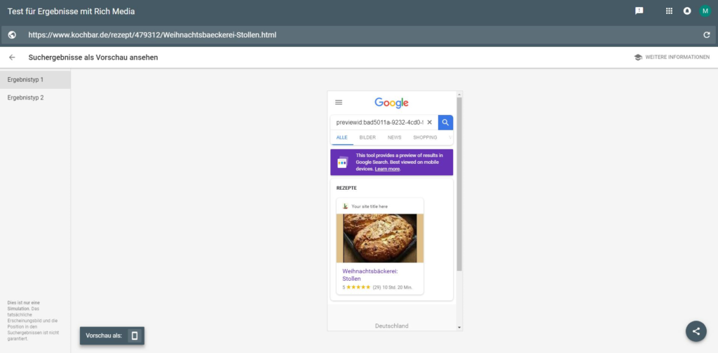 Test für Ergebnisse mit Rich Media - Preview Funktion in Google Search Console