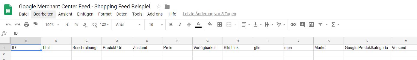 Google Tabellen Shopping Feed