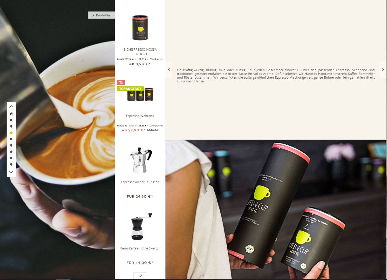 Sideview Shopware Storytelling - Beispiel Green Cup Coffee