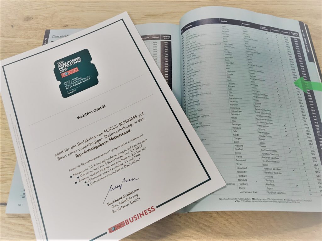 Focus-Business Top Arbeitgeber 2018 webneo gmbh