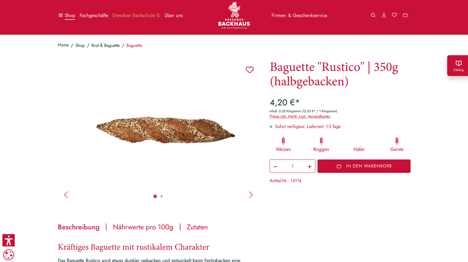 Bild einer Produktdetailseite am Beispiel von Baguette im Backhaus-Shop