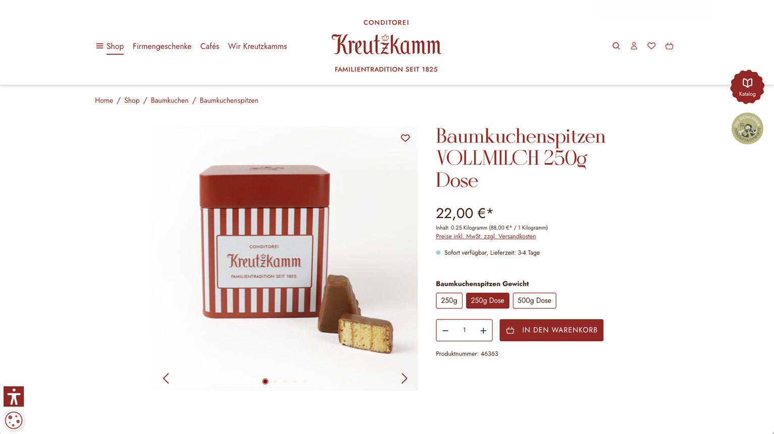 Bild einer Produktdetailseite am Beispiel von Baumkuchenspitzen im Kreutzkamm-Shop