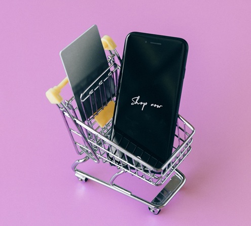 Einkaufswagen mit Smartphone und Kreditkarte