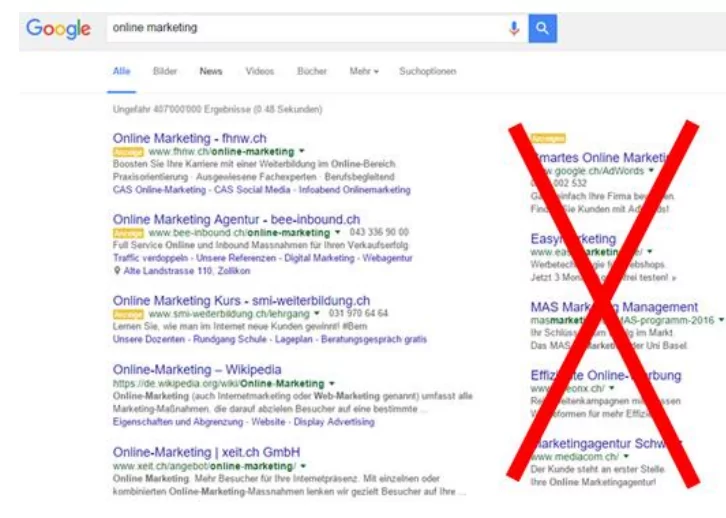 AdWords Anzeigenplätze rechts gestrichen
