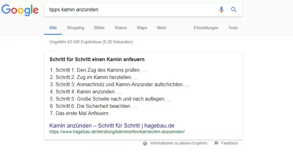 Featured Snippet im Listen-Format bei der Suchanfrage "Tipps Kamin anzünden"