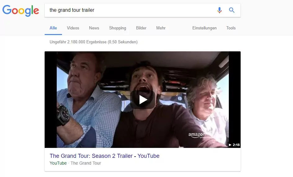 Featured Snippet im Video-Format bei der Suchanfrage "the Grand Tour Trailer"