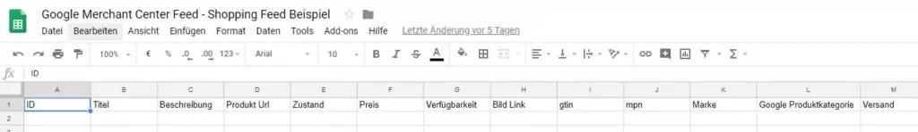 Google Tabellen Shopping Feed