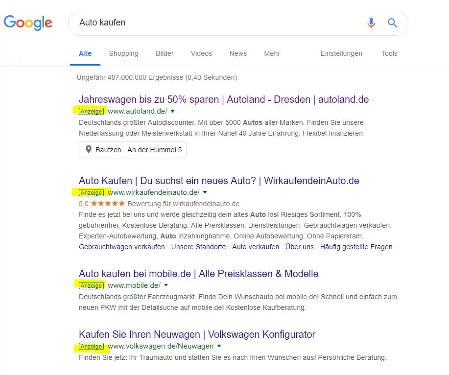 Google Rankings - Beispiel Anzeigen